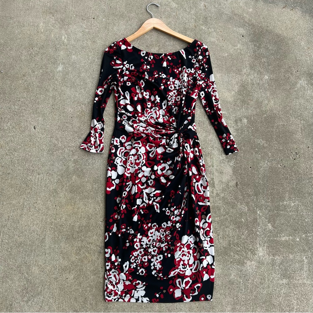 Evan Picone Black and Red 3/4 Sleeve Stretch Knit Ruched Dress Size 4